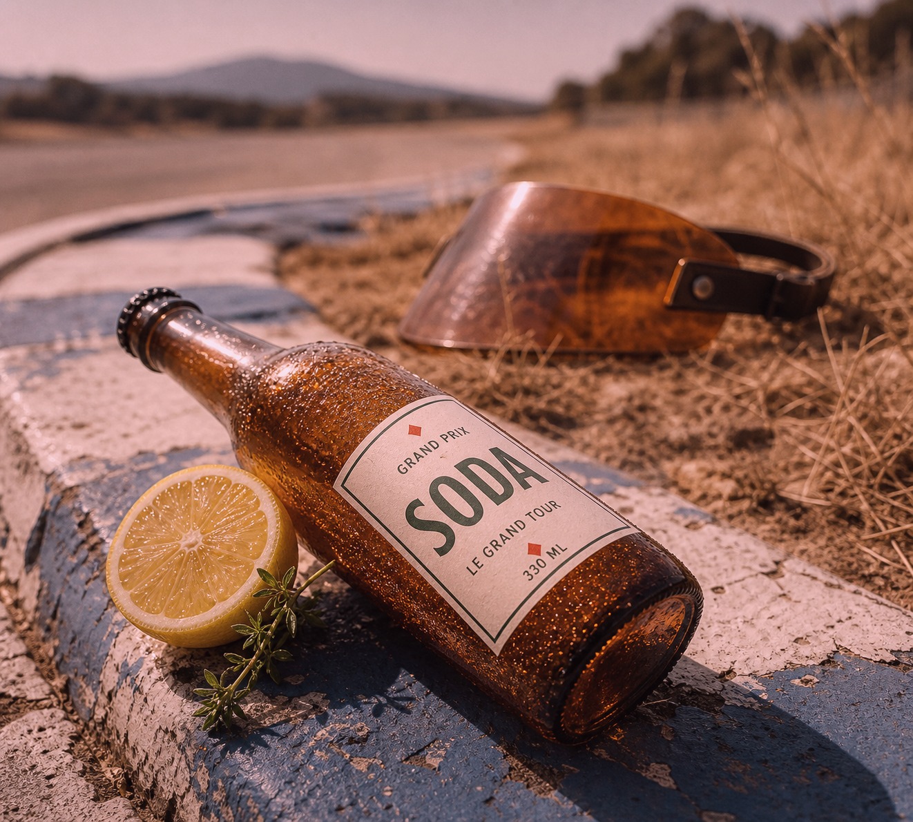 Grand Prix Soda bottle on a blue and white French racing kerb