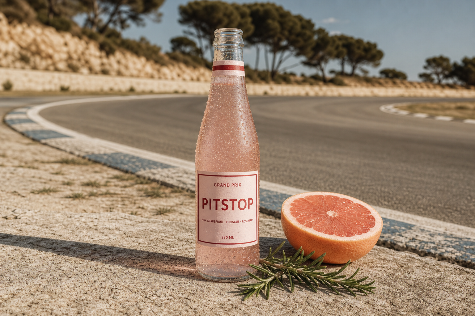 Grand Prix Soda Pitstop bottle with pink grapefruit and rosemary at a racetrack