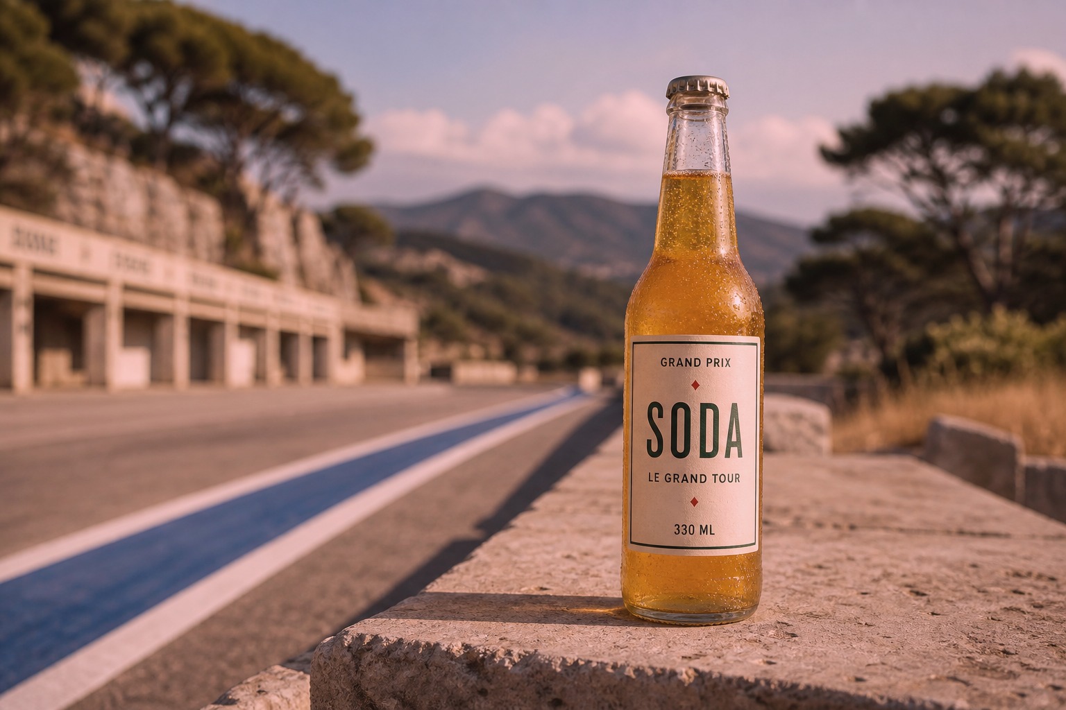 Grand Prix Soda bottle on a sunlit Southern French racing pit wall